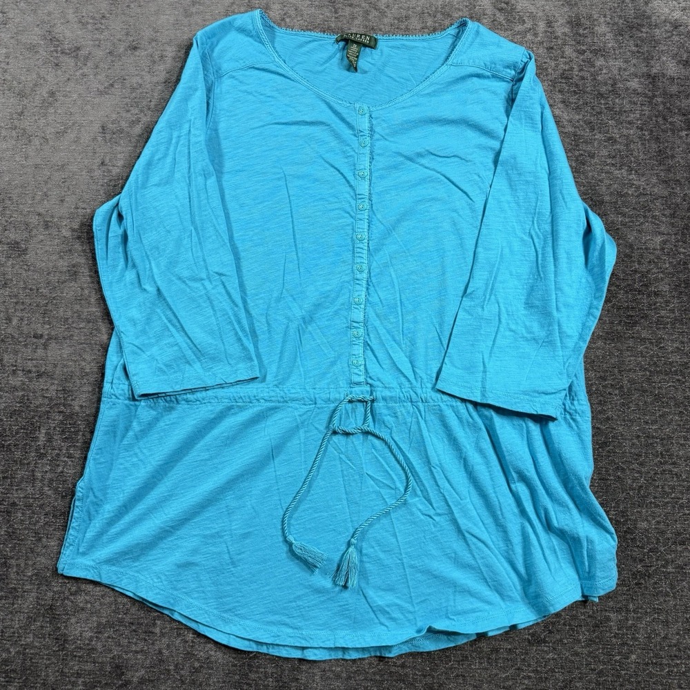 Lauren Ralph Lauren Women's Blue 3/4 Sleeve Half Button Up Top Size 2X